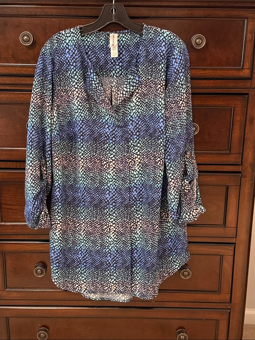 Blue Multi-Print V-Neck Women's Blouse